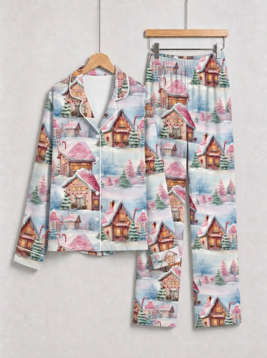 Cozy Winter Snow Village and Gingerbread Houses Print Matching Couple Pajamas Set