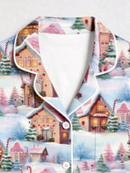 Cozy Winter Snow Village and Gingerbread Houses Print Matching Family Pajamas Set