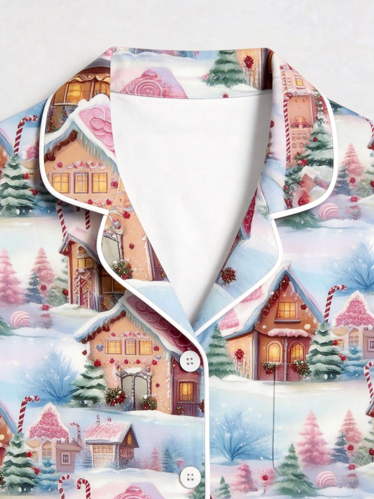 Cozy Winter Snow Village and Gingerbread Houses Print Matching Couple Pajamas Set