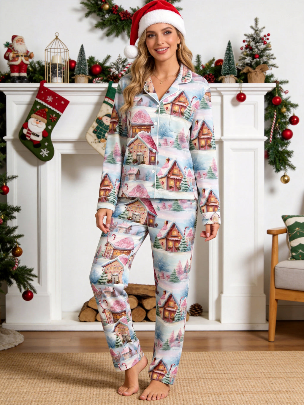 Cozy Winter Snow Village and Gingerbread Houses Print Matching Couple Pajamas Set