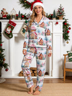 Cozy Winter Snow Village and Gingerbread Houses Print Matching Couple Pajamas Set