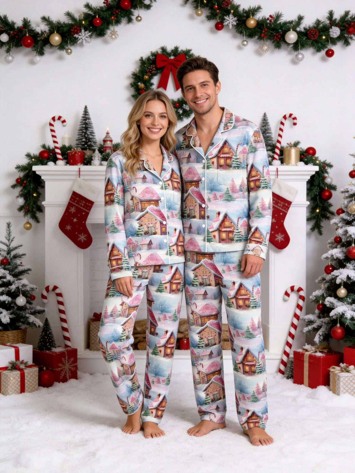 Cozy Winter Snow Village and Gingerbread Houses Print Matching Couple Pajamas Set