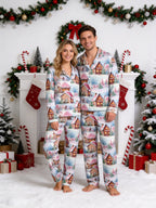 Cozy Winter Snow Village and Gingerbread Houses Print Matching Family Pajamas Set