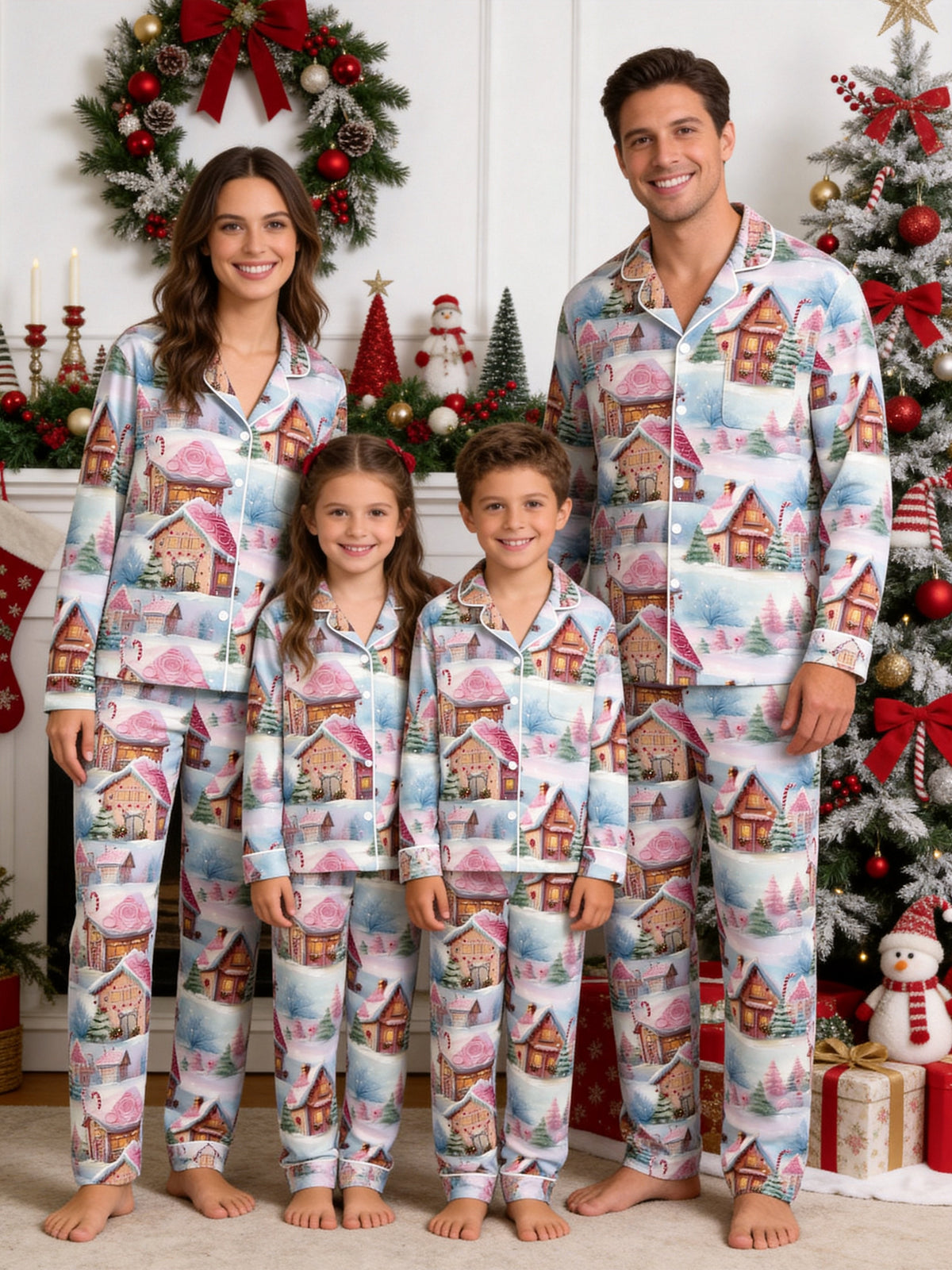 Cozy Winter Snow Village and Gingerbread Houses Print Matching Couple Pajamas Set