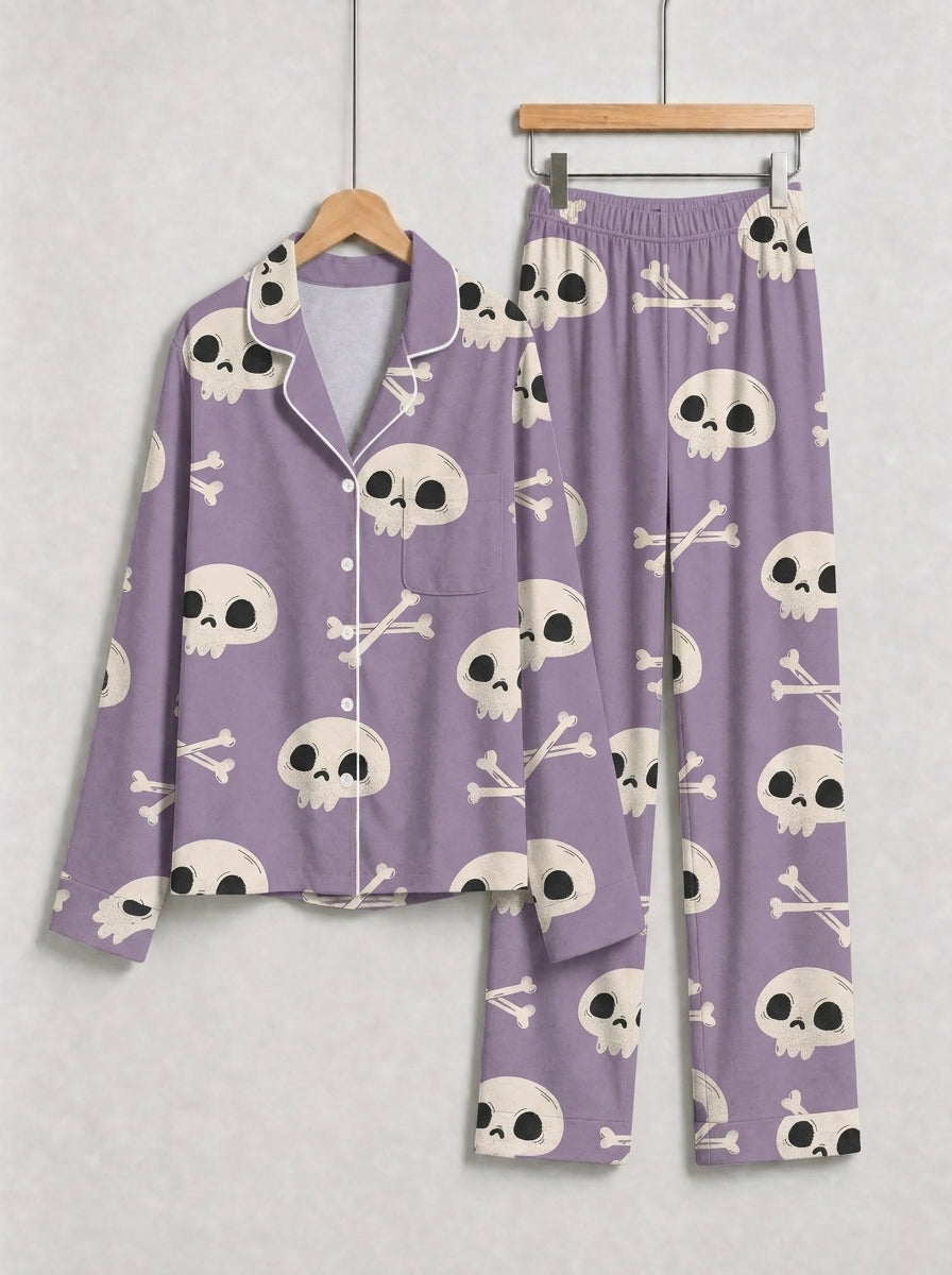 Spooky Season Creepy Skull and Crossbones All-Over Print Soft Long Sleeve Pajamas