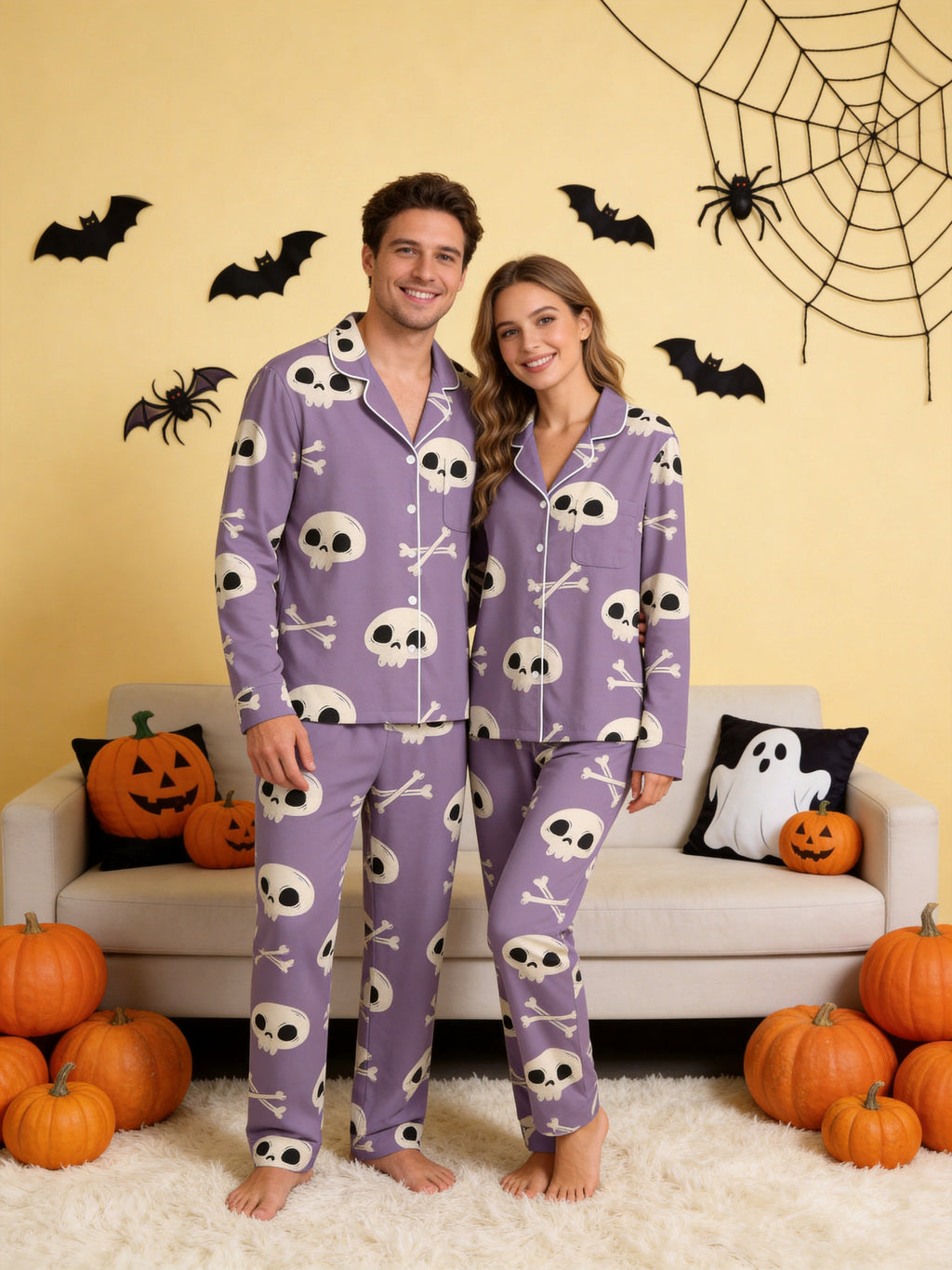 Spooky Season Creepy Skull and Crossbones All-Over Print Soft Long Sleeve Pajamas