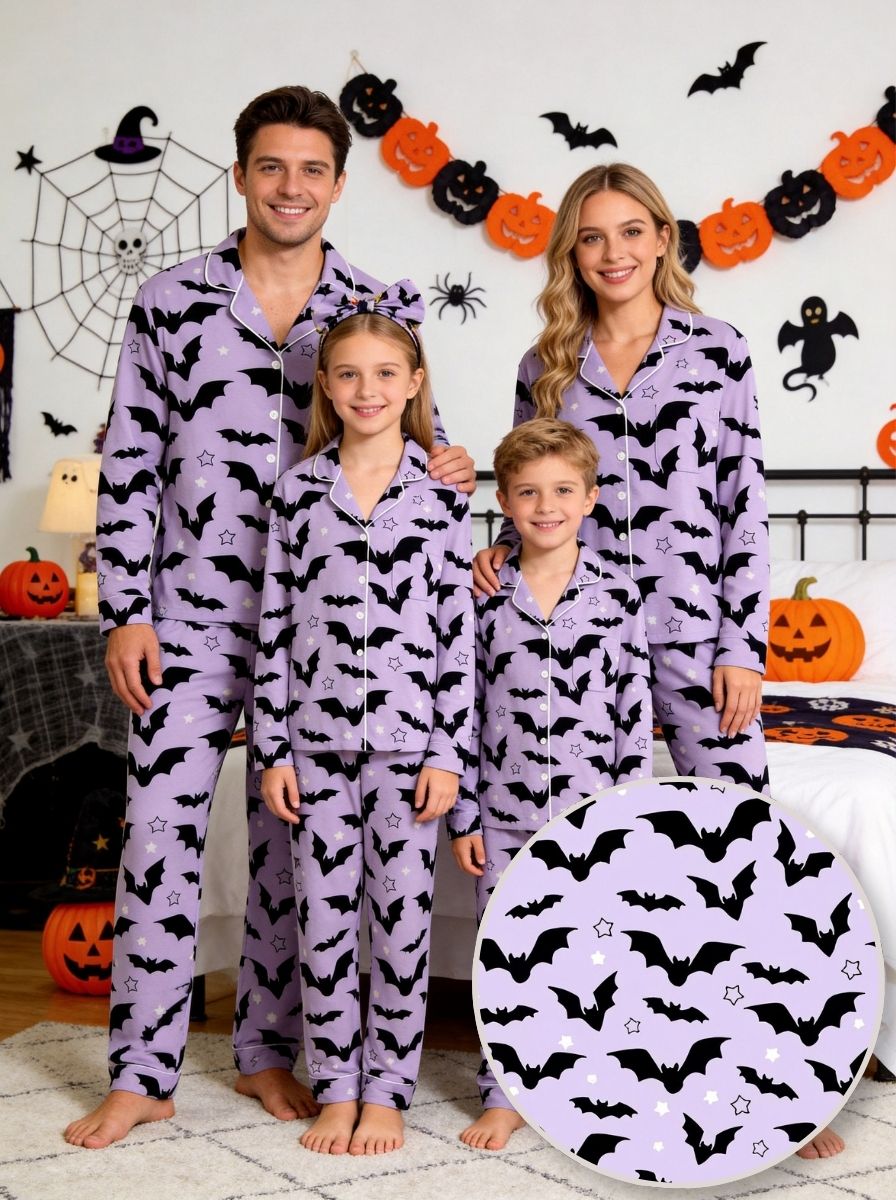 Halloween Gothic Flying Bats and Stars Patterned Two-Piece Sleepwear Lounge Set
