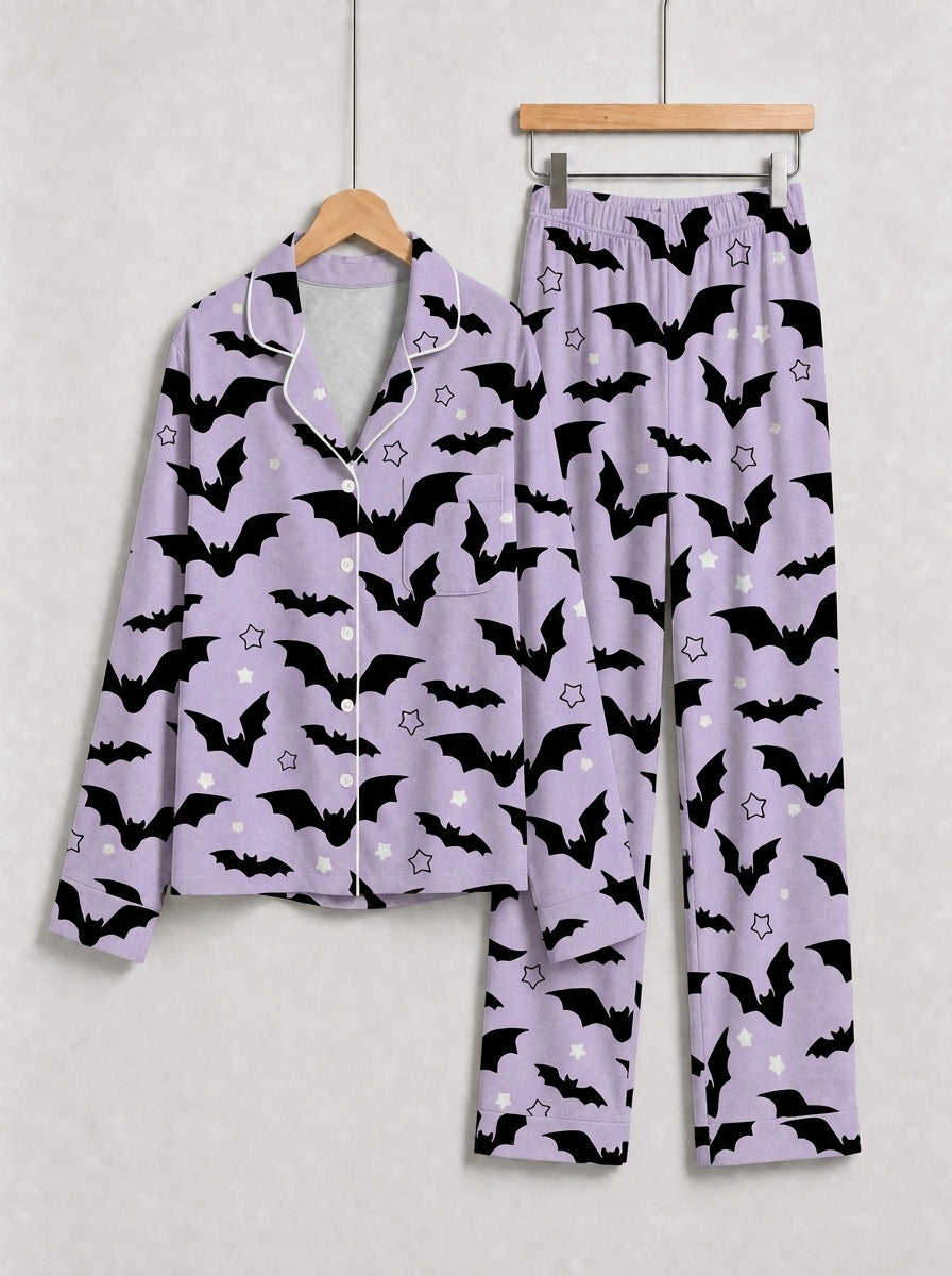Halloween Gothic Flying Bats and Stars Patterned Two-Piece Sleepwear Lounge Set