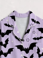 Halloween Gothic Flying Bats and Stars Patterned Two-Piece Sleepwear Lounge Set
