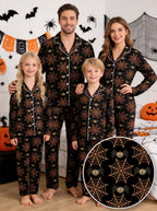 Halloween Spooky Spider Web and Spider Print Black Button-Front Pajama Set