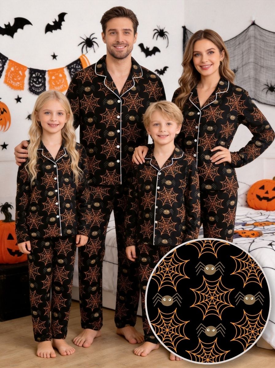 Halloween Spooky Spider Web and Spider Print Black Button-Front Pajama Set