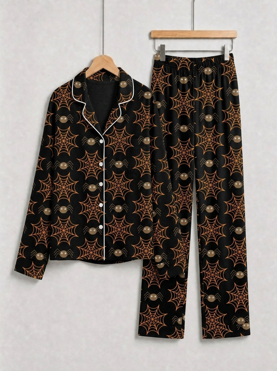 Halloween Spooky Spider Web and Spider Print Black Button-Front Pajama Set