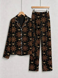 Halloween Spooky Spider Web and Spider Print Black Button-Front Pajama Set
