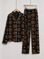 Halloween Spooky Spider Web and Spider Print Black Button-Front Pajama Set