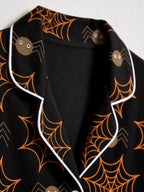 Halloween Spooky Spider Web and Spider Print Black Button-Front Pajama Set