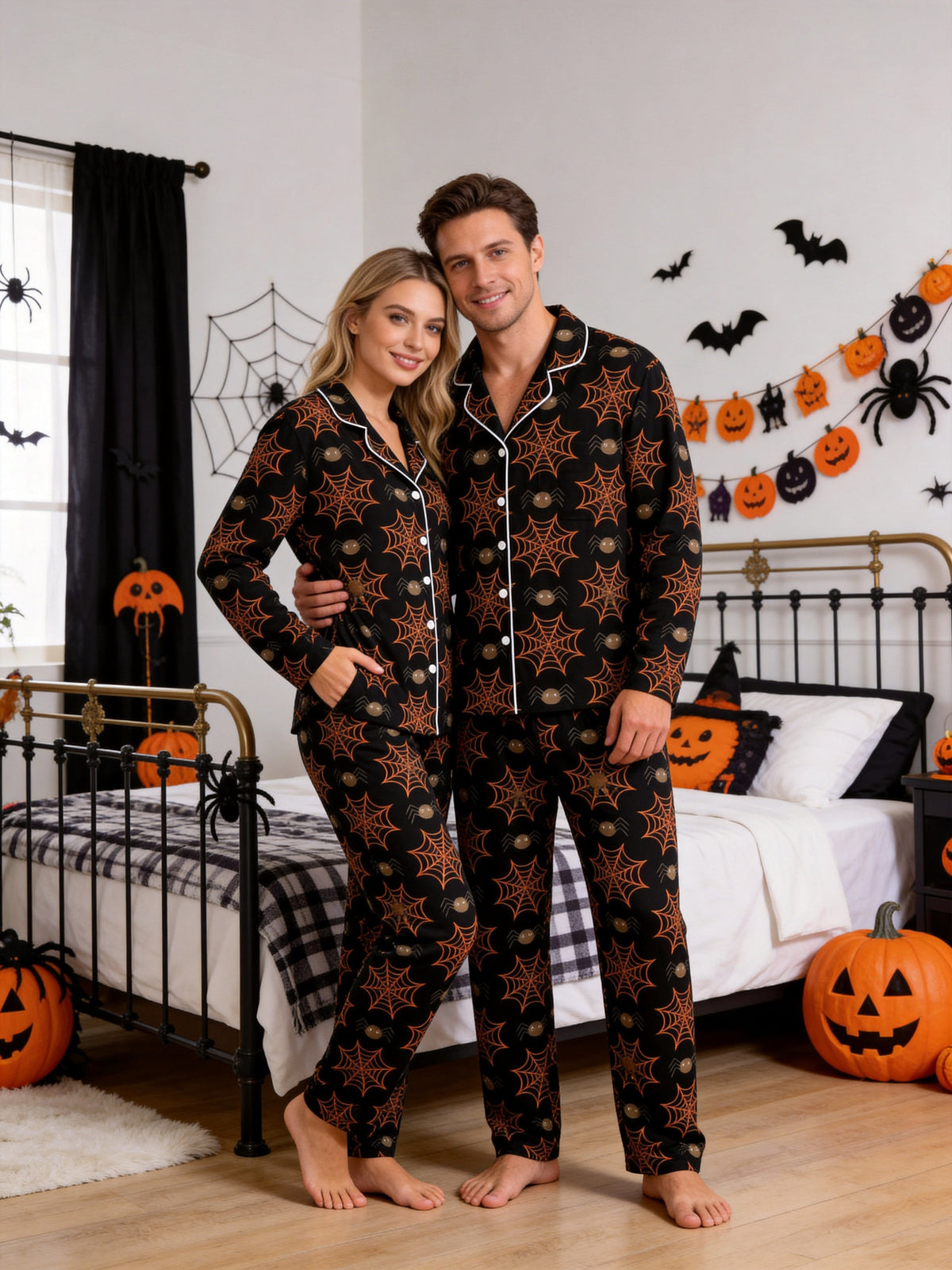 Halloween Spooky Spider Web and Spider Print Black Button-Front Pajama Set