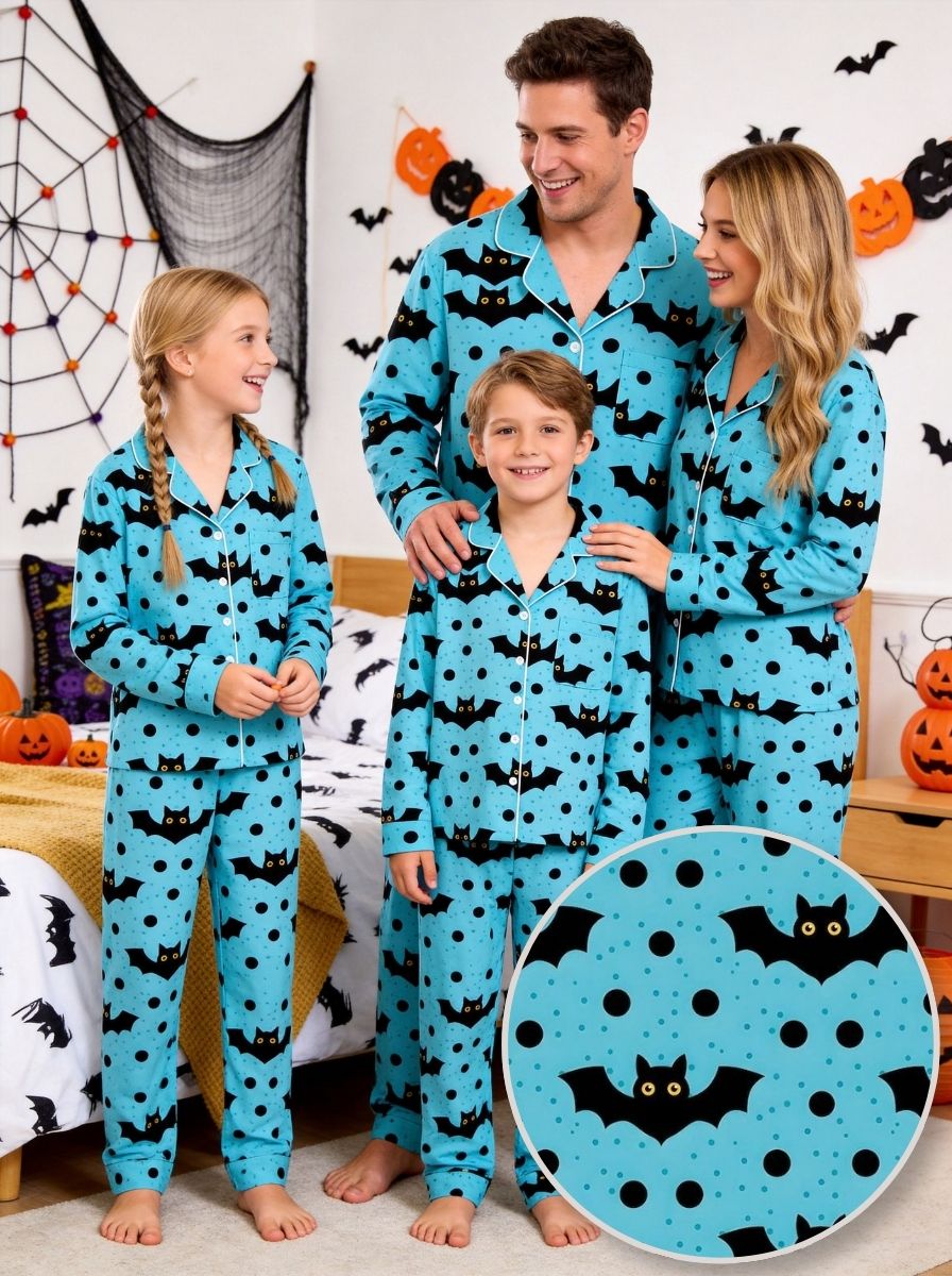 Blue Halloween Polka Dot and Flying Vampire Bat Graphic Lounge Sleepwear Set