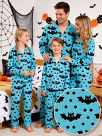 Blue Halloween Polka Dot and Flying Vampire Bat Graphic Lounge Sleepwear Set