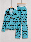 Blue Halloween Polka Dot and Flying Vampire Bat Graphic Lounge Sleepwear Set