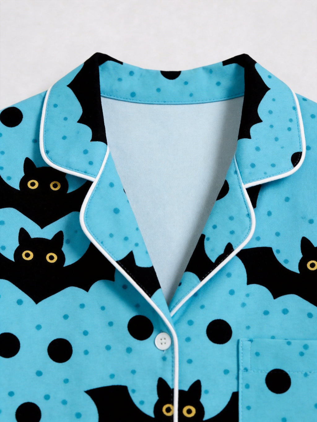 Blue Halloween Polka Dot and Flying Vampire Bat Graphic Lounge Sleepwear Set