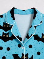 Blue Halloween Polka Dot and Flying Vampire Bat Graphic Lounge Sleepwear Set