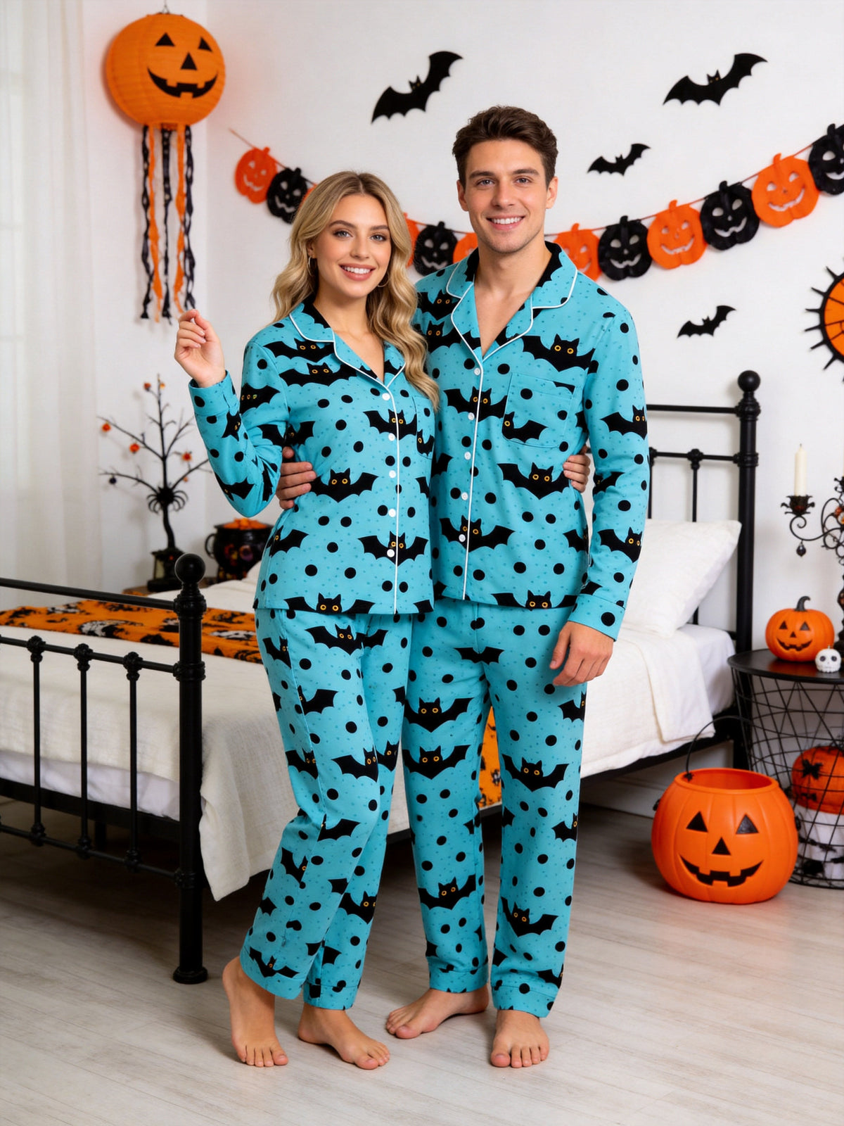 Blue Halloween Polka Dot and Flying Vampire Bat Graphic Lounge Sleepwear Set