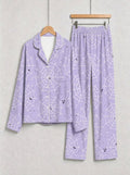 Purple Halloween Minimalist Spiderweb Print Long Sleeve Button-Down Pajamas