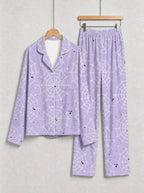 Purple Halloween Minimalist Spiderweb Print Long Sleeve Button-Down Pajamas