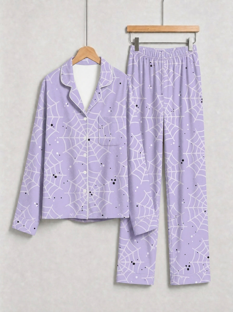 Purple Halloween Minimalist Spiderweb Print Long Sleeve Button-Down Pajamas