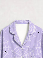 Purple Halloween Minimalist Spiderweb Print Long Sleeve Button-Down Pajamas