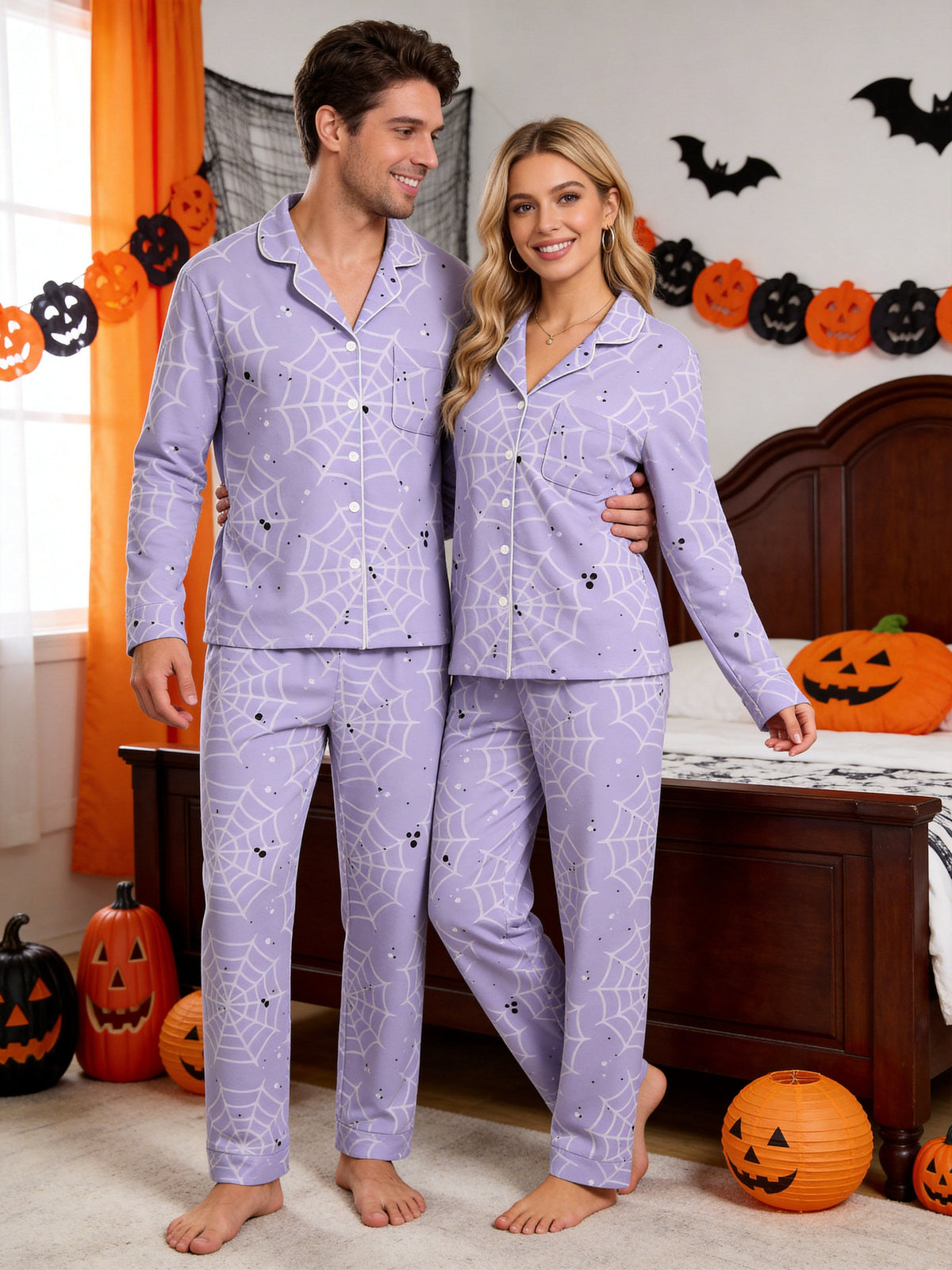 Purple Halloween Minimalist Spiderweb Print Long Sleeve Button-Down Pajamas