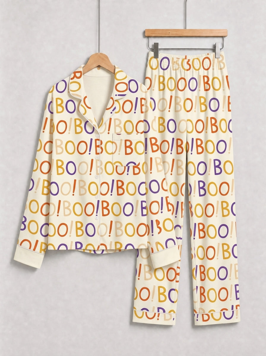 Funny Halloween BOO Typography Letter Print Casual Soft Notch Collar Sleep Set