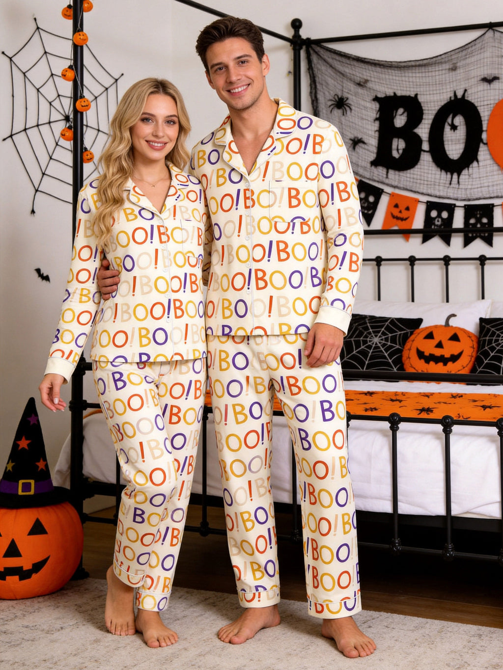 Funny Halloween BOO Typography Letter Print Casual Soft Notch Collar Sleep Set
