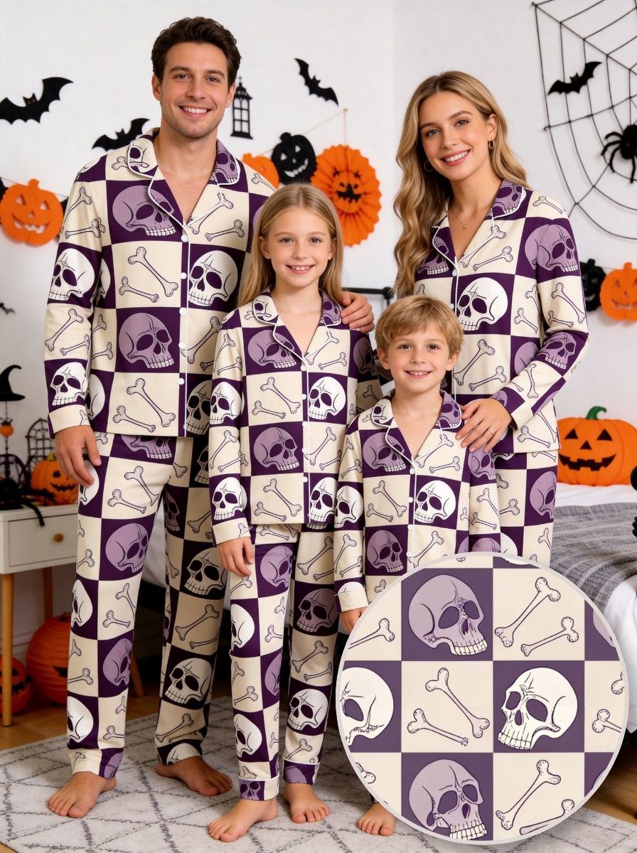 Halloween Aesthetic Checkerboard Skull and Bones Print Matching Sleepwear Pajamas