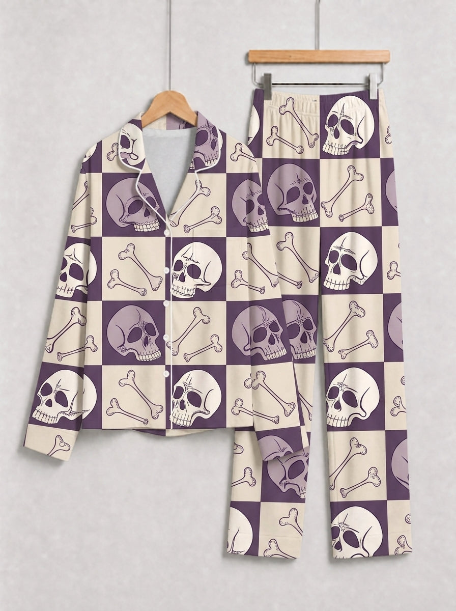 Halloween Aesthetic Checkerboard Skull and Bones Print Matching Sleepwear Pajamas