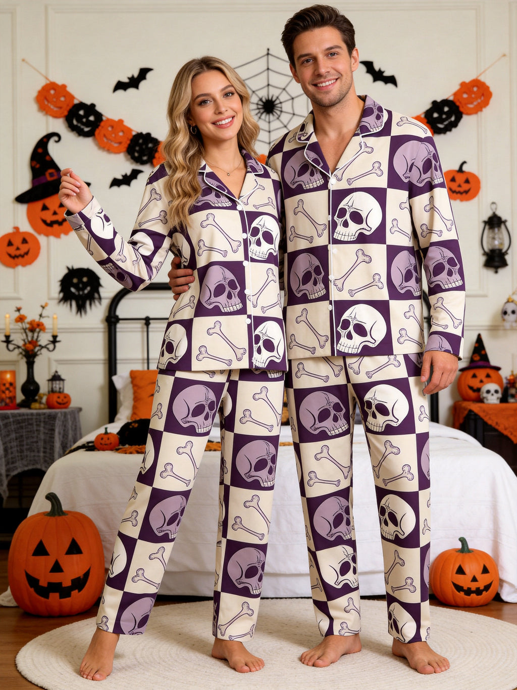 Halloween Aesthetic Checkerboard Skull and Bones Print Matching Sleepwear Pajamas
