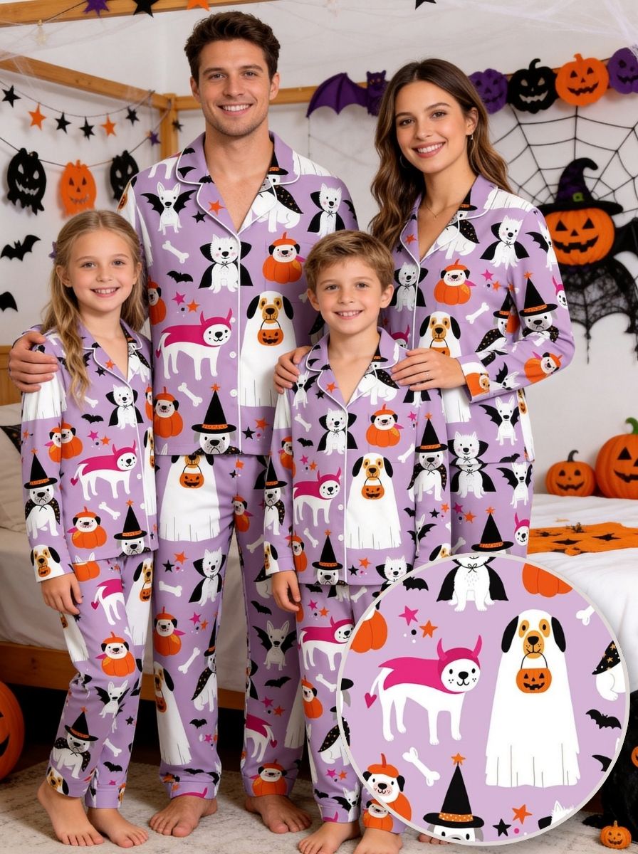 Halloween Cute Ghost & Witch Dog Print Long Sleeve Pajama Set Purple Sleepwear