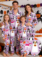 Halloween Cute Ghost & Witch Dog Print Long Sleeve Pajama Set Purple Sleepwear