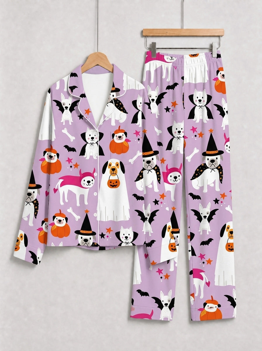 Halloween Cute Ghost & Witch Dog Print Long Sleeve Pajama Set Purple Sleepwear