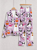 Halloween Cute Ghost & Witch Dog Print Long Sleeve Pajama Set Purple Sleepwear