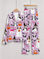 Halloween Cute Ghost & Witch Dog Print Long Sleeve Pajama Set Purple Sleepwear