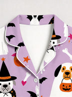 Halloween Cute Ghost & Witch Dog Print Long Sleeve Pajama Set Purple Sleepwear