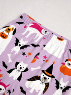 Halloween Cute Ghost & Witch Dog Print Long Sleeve Pajama Set Purple Sleepwear