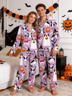 Halloween Cute Ghost & Witch Dog Print Long Sleeve Pajama Set Purple Sleepwear