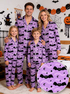 Spooky Halloween Black Bat and Crescent Moon Graphic Button-Down Lounge Pajamas Set