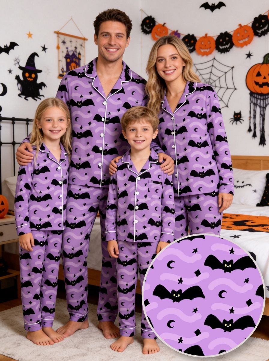 Spooky Halloween Black Bat and Crescent Moon Graphic Button-Down Lounge Pajamas Set