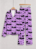 Spooky Halloween Black Bat and Crescent Moon Graphic Button-Down Lounge Pajamas Set