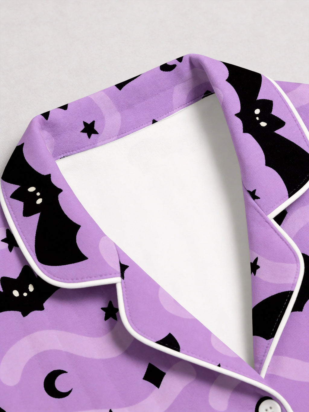 Spooky Halloween Black Bat and Crescent Moon Graphic Button-Down Lounge Pajamas Set