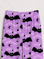 Spooky Halloween Black Bat and Crescent Moon Graphic Button-Down Lounge Pajamas Set