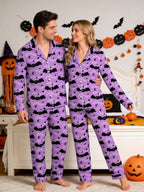 Spooky Halloween Black Bat and Crescent Moon Graphic Button-Down Lounge Pajamas Set